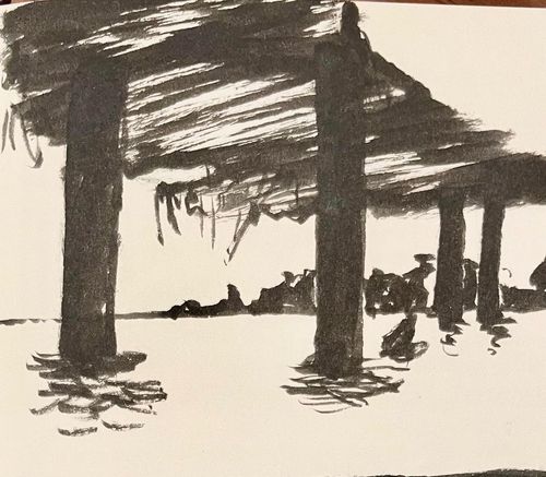 Ink drawing of a dilapidated overpass over water.