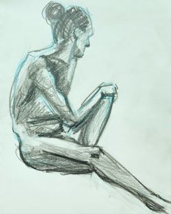 Pencil drawing of a person reclining, head turned away.